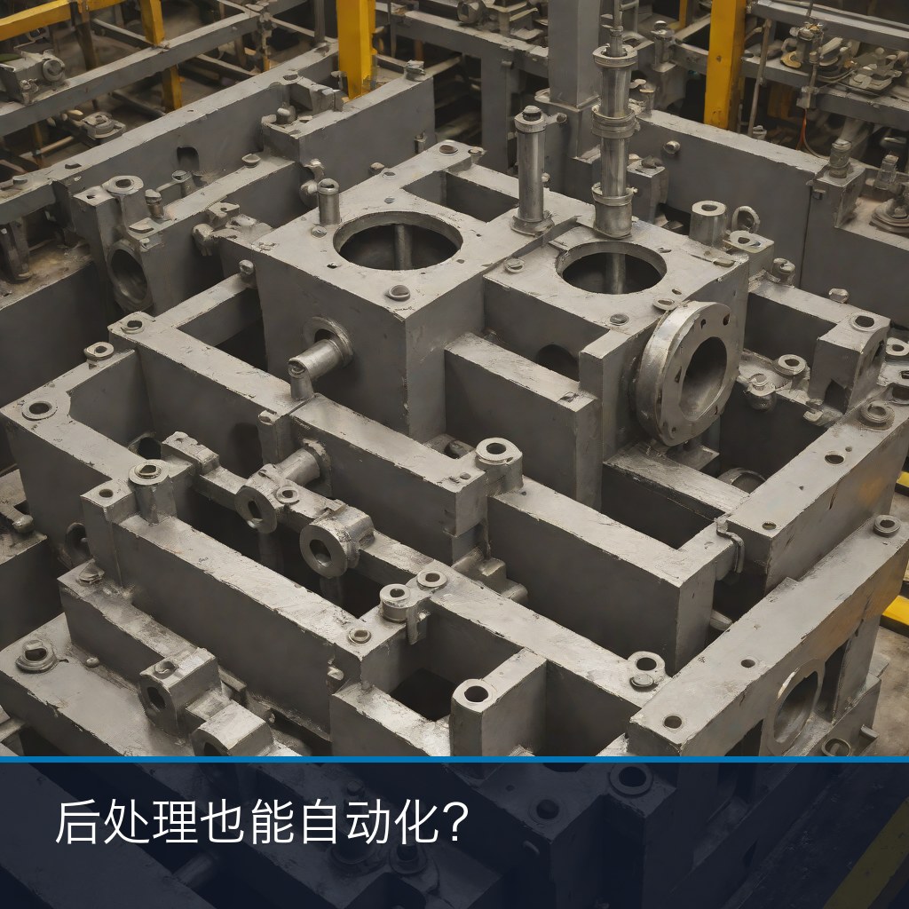 大型铸件后处理自动化示意：厚壁铸件斜置于矩形工装台，工业机器人打磨臂从侧后方入画