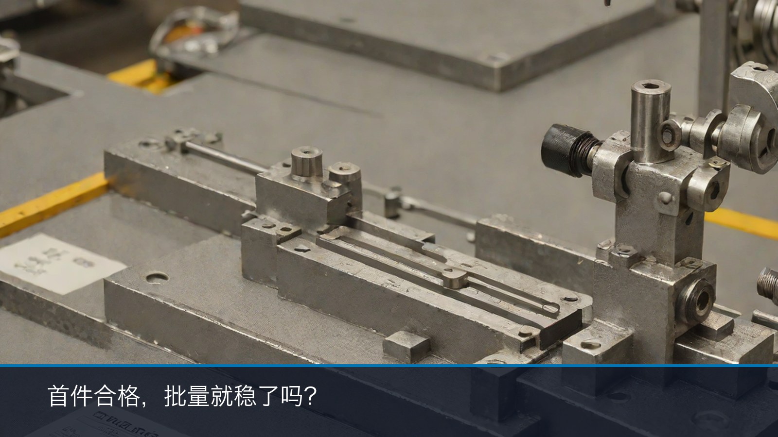 首件与批量对照检视区：泵体件置于矩形检验平板，配卡尺与检视照明（示意）
