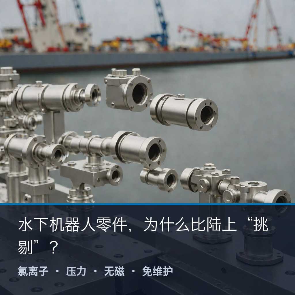 水下机器人（ROV/AUV）耐海水合金零部件：推进器壳体、机械臂连接件与传感器安装座（示意）