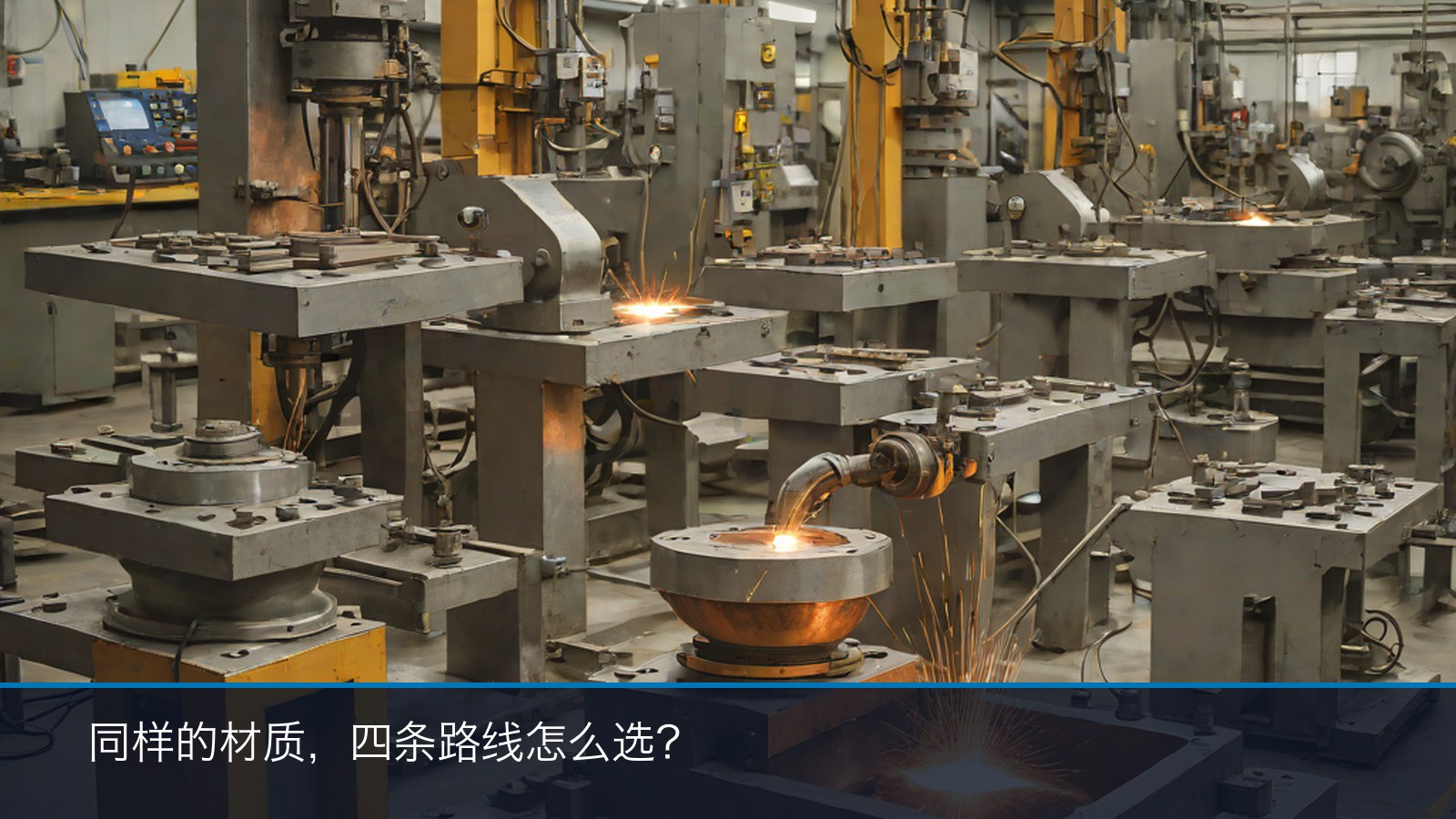 铸造、焊接、锻件与 CNC 加工四条工艺路线工位示意