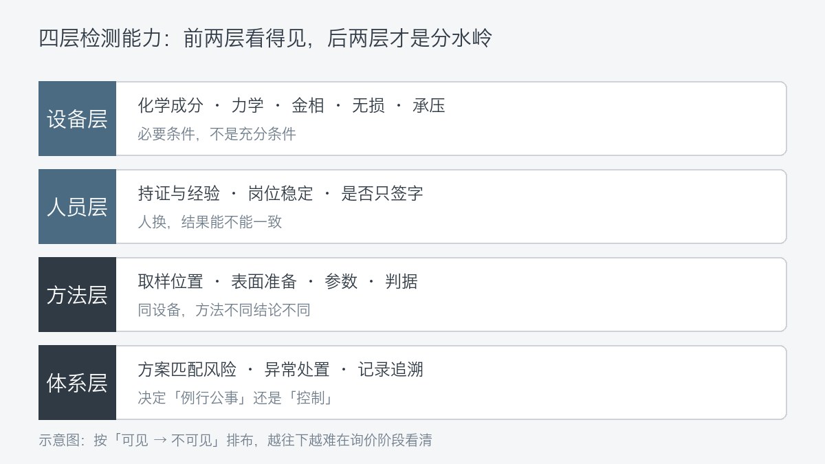 四层检测能力示意图:设备层、人员层、方法层、体系层自上而下排列,越往下越难在询价阶段看清