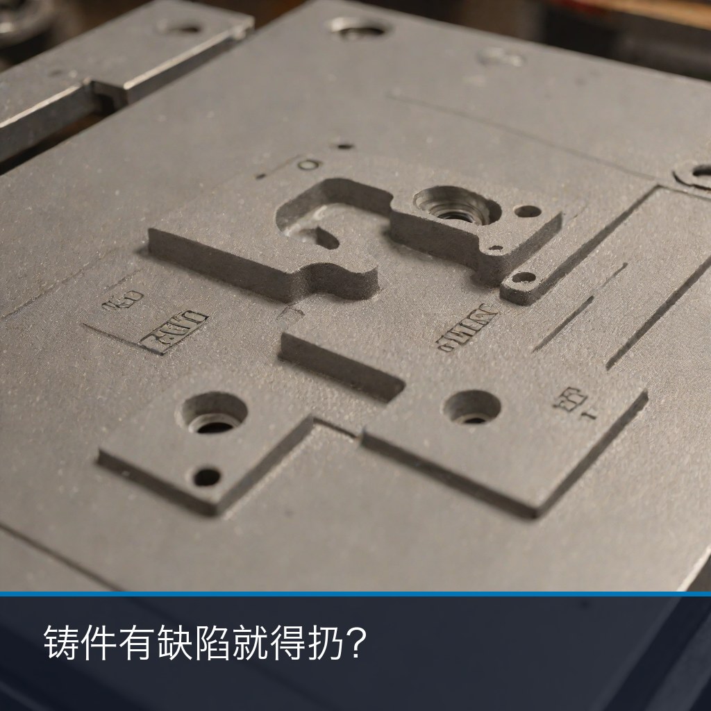 铸件缺陷判定场景示意：厚壁阀体类铸件置于检验垫板旁，配记号笔与空白记录卡
