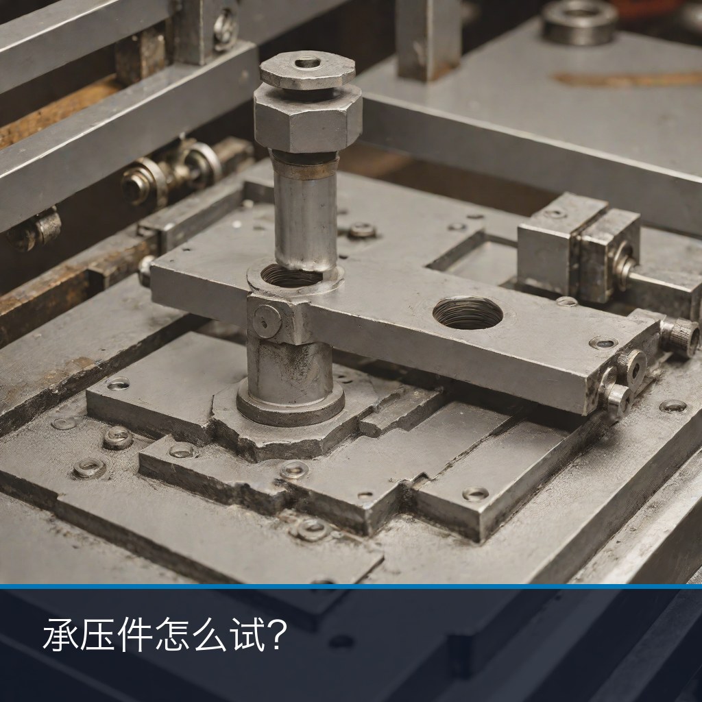 泵阀承压件试压工位示意:厚壁阀体斜置于矩形试验台,两端接盲板与短管