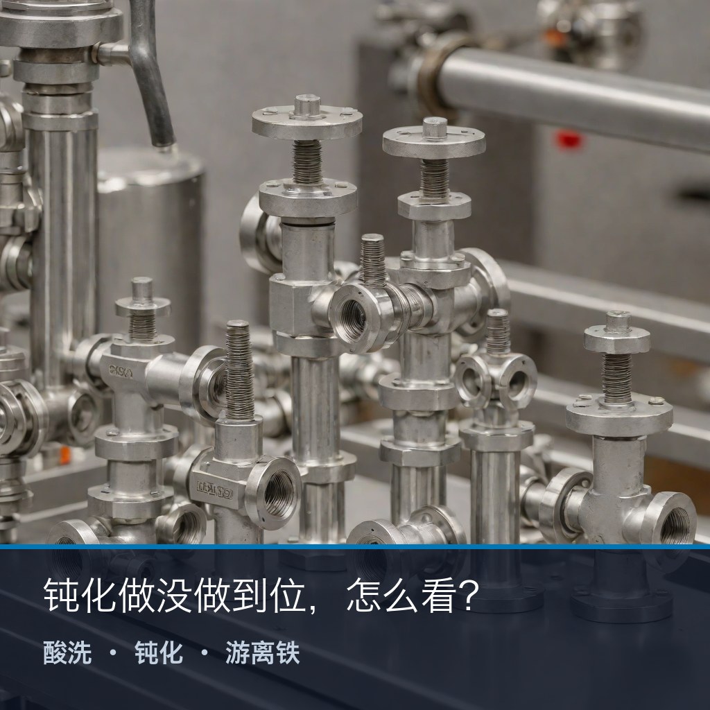 不锈钢泵阀零部件酸洗钝化后的成品件与检测工位（场景示意）