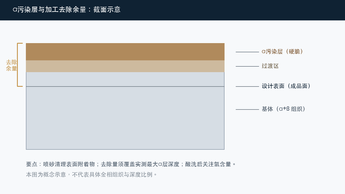 钛铸件表面α污染层截面示意:基体、α层与加工去除余量的关系