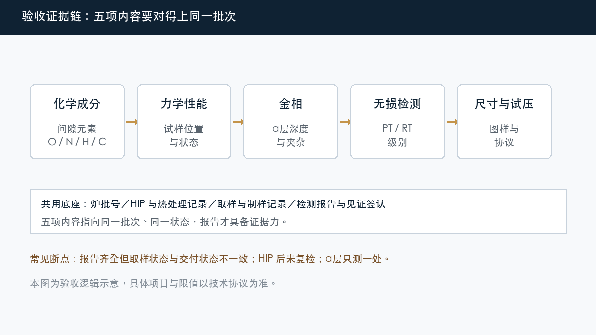 钛铸件验收证据链示意:化学成分、力学性能、金相与α层、无损检测、尺寸与报告