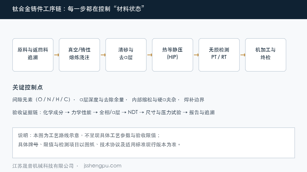钛合金铸件工艺路线示意:熔炼浇注、去α层、热等静压、无损检测到机加工验收